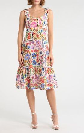Eliza J Floral Wide Strap Fit & Flare Midi Dress in Ivory Mult at Nordstrom Rack, Size 12