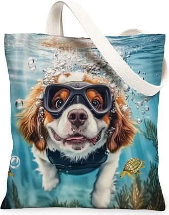 Generic Pop Art Rough Collie Dog Canvas Tote Bag for Shopping 13x15, Ocean Sea Nautical Puppy Reusable Grocery Print Bag for Women, Fun Pet Beach Aesthetic Pa