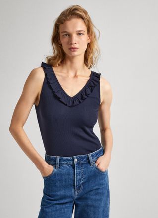 Pepe Jeans London V-Shirt PEPE JEANS LEIRE, Damen, Gr. XL, blau (dulwich blau), Feinripp, Obermaterial: 50% Baumwolle, 45% Viskose, 5% Elasthan, slim fit, V-Ausschnitt,