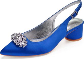 Generic Wedding Shoes Womens Low Heels Pointed Toe Bridal Heels Comfortable Satin Chunky Heels Prom Party Dress Shoes 4.5Cm,Blue,2 UK