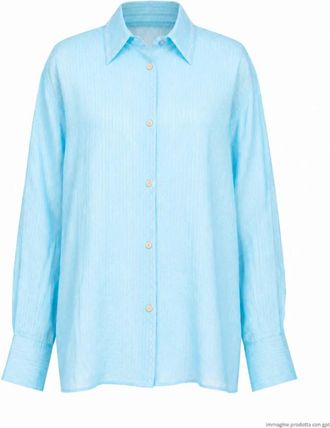 Forte_Forte Overhemden, Dames, Blauw, L, Linnen, 14901-256 Pinstripe Shirt