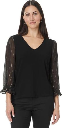 CeCe by Cynthia Steffe 3/4 Sleeve Mixed Media Knit Top Womens Clothing Rich Black : XL, Polyester/Spandex