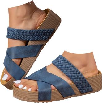 Generic Platform Slide Sandals for Women 2026 Casual Trendy Open Toe Elastic Cross Strap Sandals Suede Leather Flat Slippers with Arch Support Comfortable Sum