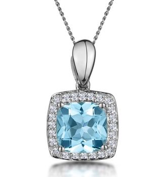 The Diamond Store 2ct Blue Topaz and Lab Diamond Halo Square Necklace Asteria 9KW Gold