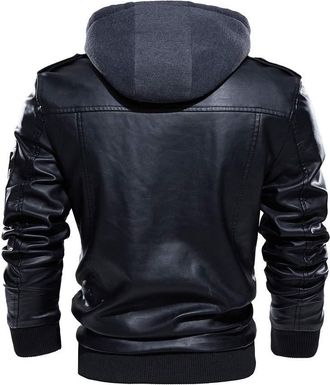 Generic Mens Fleece Lined Faux Leather Motorcycle Jacket with Hood Winter Warm Vintage PU Biker Bomber Coat Outerwear Black