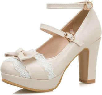 Generic Womens Lolita Style Round-Toe Block Heel Mary Jane Shoes - Double Ankle Strap Lace Bow Pumps,Beige,6.5 UK