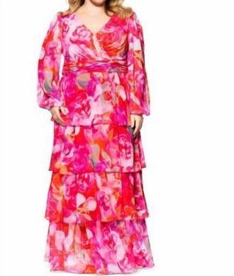 Xscape Norene Print Chiffon Long Sleeve Ruffle Floor Length Dress - Plus In Pink Multi