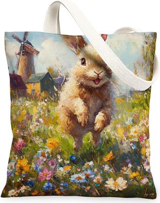 Generic Spring Bunny Rabbit Canvas Tote Bag for Shopping 13x15, Country Garden Animal Reusable Grocery Print Pattern Bag for Women, Fun Flower Farm Beach Aest