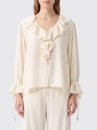 Chlo&eacute; Long-Sleeved Silk Shirt with Ruffles and V-Neck