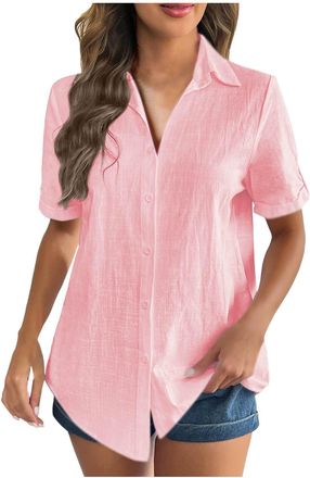 Generic Womens Linen Tops UK Sale Clearance,Ladies Button Down T-Shirt Elegant Collared Rolled Short Sleeve Blouses Summer Casual V Neck Tee Office Work Solid