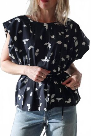 Alysi Printed Cotton Tie Waist Top In Black