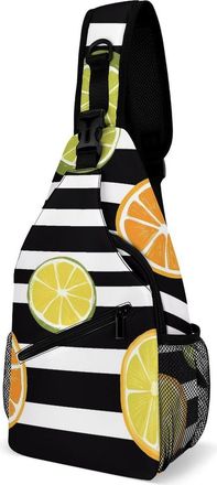 Generic Orange Lemon Slices Black And White Strip Mens Crossbody Chest Sling Bag for Travel Hiking Lightweight Shoulder Bags with Small Side