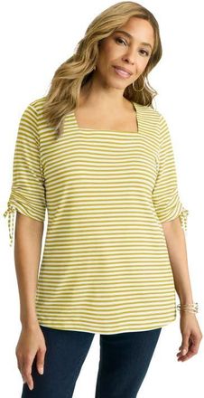 Jessica London Stretch Cotton Tie Sleeve Square Neck Tee in Citrus Feeder Stripe at Nordstrom, Size Medium