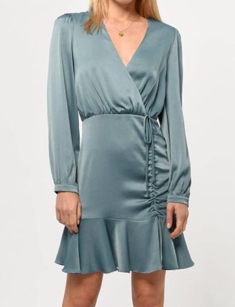 Greylin Joanne Ruched Satin Dress In Misty Blue