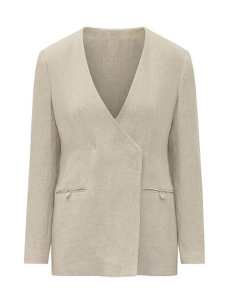 Emporio Armani Beige Solid V Neck Blazer