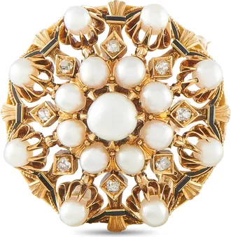 Luxury Bazaar Antique 18K Rose Gold 0.30ct Diamond, Natural Pearl, and Enamel Brooch MF03-091126