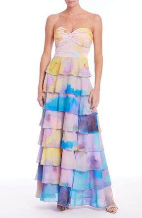 Badgley Mischka Pleated Cutout Gown in Blue Multi at Nordstrom, Size 12