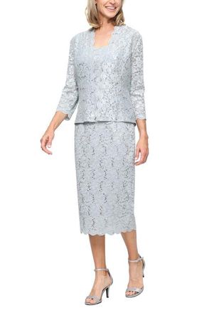S.L. Fashions SLNY Lace Sequin Detail Dress & Jacket 2-Piece Set in Sage at Nordstrom, Size 12P