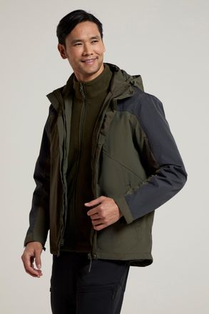 Mountain Warehouse District Mens 3 in 1 Waterproof Jacket Warm Inner Fleece Hooded Winter Coat Khaki