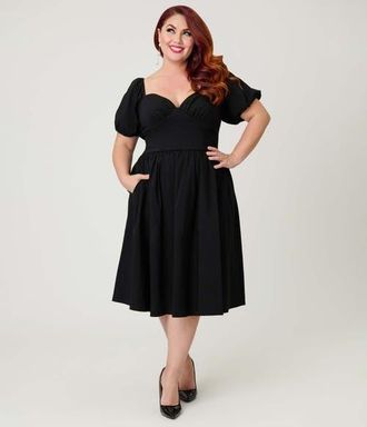 Unique Vintage Plus Size Sweetheart Puff Sleeve Swing Dress in Solid Black at Nordstrom, Size 4X