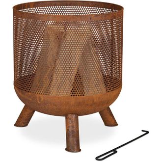 Relaxdays Relaxdays - Braciere da Esterno, Grata Stile Ruggine, Camino da Giardino, Attizzatoio e Griglia, HxD: 53 x 44 cm, Marrone