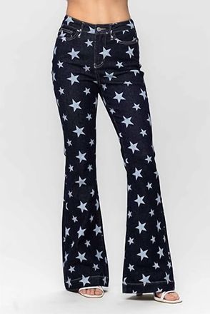 Judy Blue High Waist All Over Star Print Flare Jeans In Blue