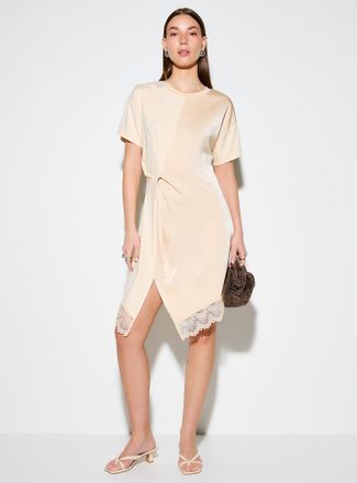 Icone Womens Lace trim dual-material draped T-shirt dress