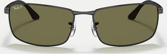 Ray-Ban Rb3498 occhiali da sole rettangolari polarizzati con lenti verdi, in nero