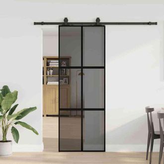 vidaXL Puerta Corredera Con Herrajes Negro 76x205 Cm Vidrio Templado