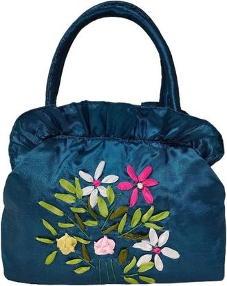 Generic Ethnic Style Tote Bag, Small Purse Wallet, Embroidery Flower Satin Silk Handbag, Zipper Flower Wrist Bag for Women Phone Cosmetic(blue)