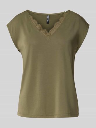 Pieces Loose Fit T-Shirt mit Spitzenbesatz Modell KAMALA in Oliv, Gr&ouml;&szlig;e XS