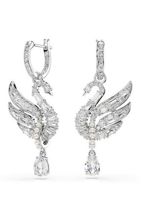 Swarovski Swan Crystal & Faux Pearl Drop Earrings in White/Silver at Nordstrom