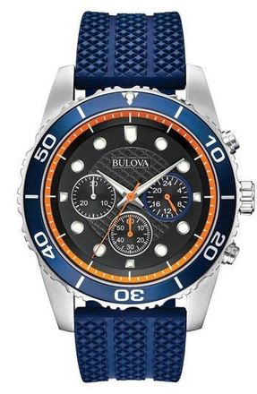 Bulova Water Resistant Silicone Strap Chronograph Watch, 44mm in Silver at Nordstrom Rack