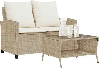 vidaXL Sof&aacute; Jard&iacute;n De 2 Plazas Con Coj&iacute;n Y Mesa Beige Rat&aacute;n Sint&eacute;tico Vidaxl