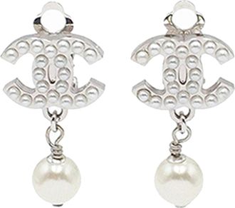 Chanel CC Silver Plated Faux Pearl Drop Clip On Earrings
