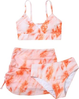Generic Girls Swimsuits 3 Piece Bathing Suits Tie Dye Spaghetti Strap Bikini Sets with Cover Up Skirt Swimwear Swimming Suit Preppy Bikini Trendy for Teens Pr