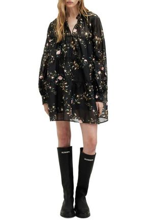 AllSaints Mindy Floral Long Sleeve Trapeze Minidress in Black at Nordstrom, Size 10 Us