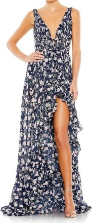 Mac Duggal Floral Print Sleeveless Ruffled High Low Gown In Navy Multi