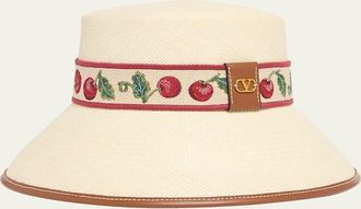 Valentino Garavani Cherry Embroidered Straw Bucket Hat