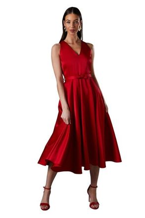 Coast Bow Trim V-Neck Volume Skirt Midi Dress in Red at Nordstrom, Size 14