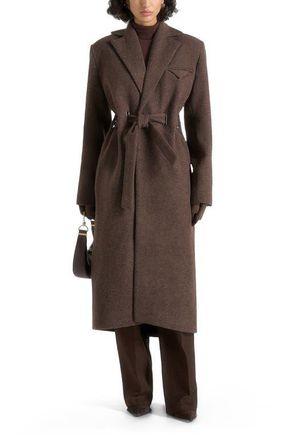 Mani&egrave;re De Voir Jena Wide Shoulder Wool Coat with Cinch Belt in Brown at Nordstrom, Size Large