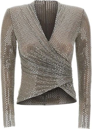 Self Portrait Grey Rhinestone Mesh Wrap Top