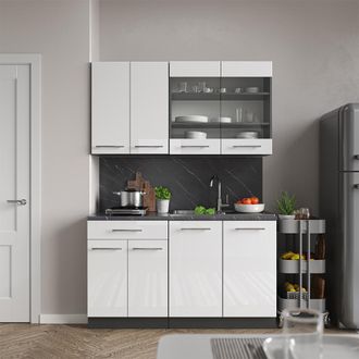 Vicco Cocina Para Solteros Fame-line, Blanco Brillo/antracita, 140 Cm, Et M&aacute;rmol, Vicco