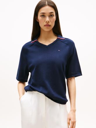 Tommy Hilfiger Strickpullover TOMMY HILFIGER CO JERSEY STCH POLO V-NK S/S SWT, Damen, Gr. XL (42), blau (schwarz night navy gs), Strick, Obermaterial: 100% Baumwolle