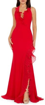 Dress The Population Kathleen Ruffle Halter Gown with Train in Rouge at Nordstrom Rack, Size Xx-Large