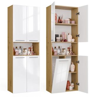 Topeshop Nel 1k Dk - Mueble De Ba&ntilde;o - 5 Estantes, Cesto De La Ropa - 60x174x30 Cm - Roble Artisan Blanco Brillante