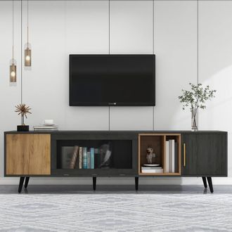 Matteo Modern Grey Wood TV Stand - Frosted Glass Doors & Storage