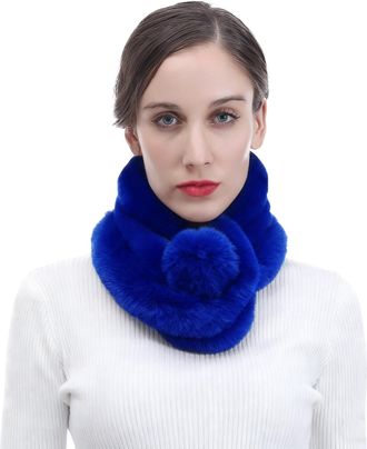 Lina & Lily Unisex Faux Fur Winter Collar Neck Scarf with Pom Pom Soft Fluffy (Royal Blue)