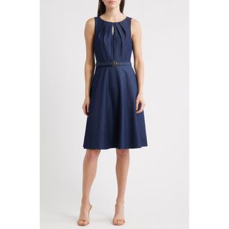 Tahari by ASL Sleeveless Belted Fit & Flare Dress in Denim at Nordstrom Rack, Size 16