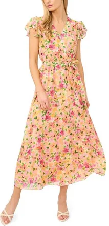 CeCe by Cynthia Steffe Floral Flutter Sleeve Tie Belt Maxi Dress in Claret Red at Nordstrom, Size Xx-Small